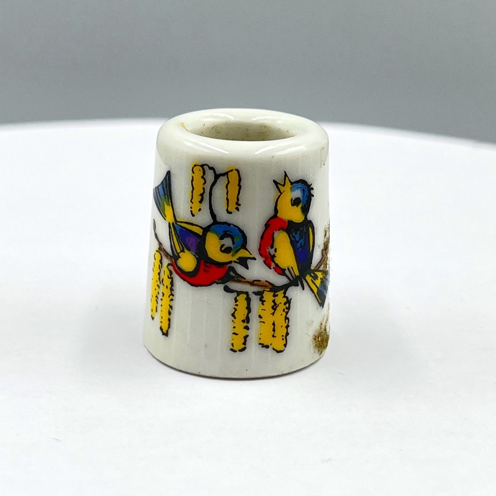 Vintage Germany Ceramic Thimble Dual-Sided Bluebirds & Lamb Hand-Painted Rare